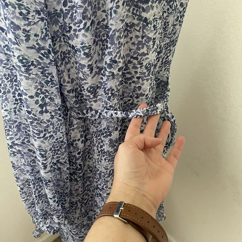 Express Women’s xL Floral Dress Short Tie Waist Blue Chiffon Long Sleeve Girly - Picture 6 of 11